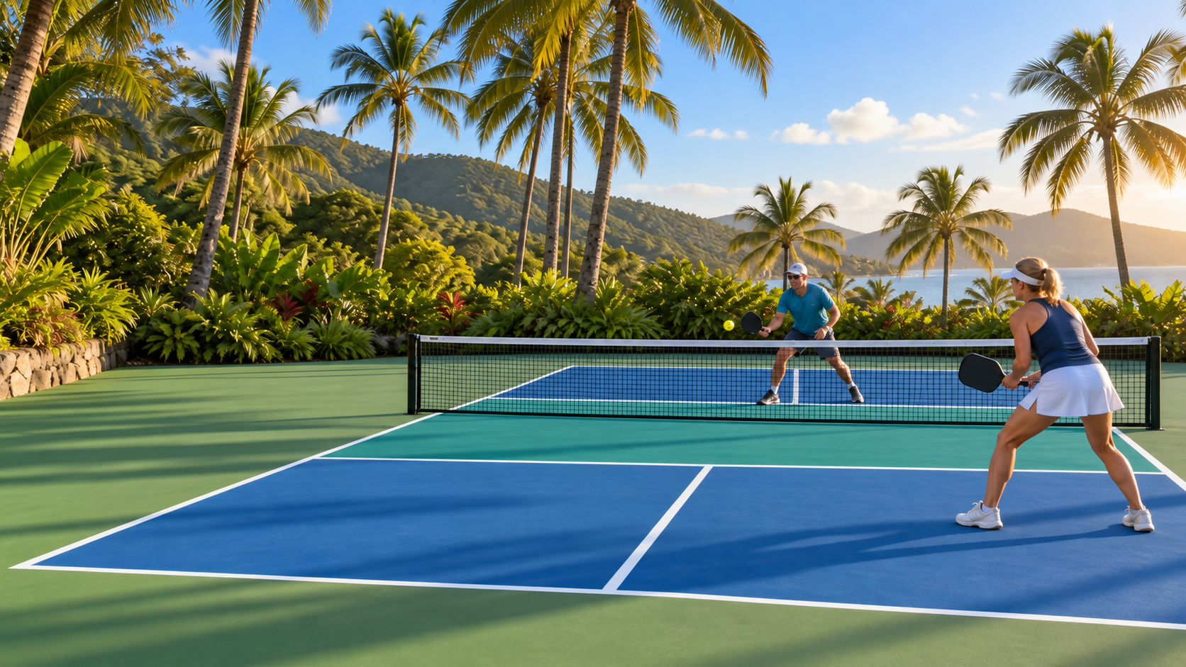 Escena ilustrativa de dos personas jugando pickleball entre palmeras y vegetación tropical