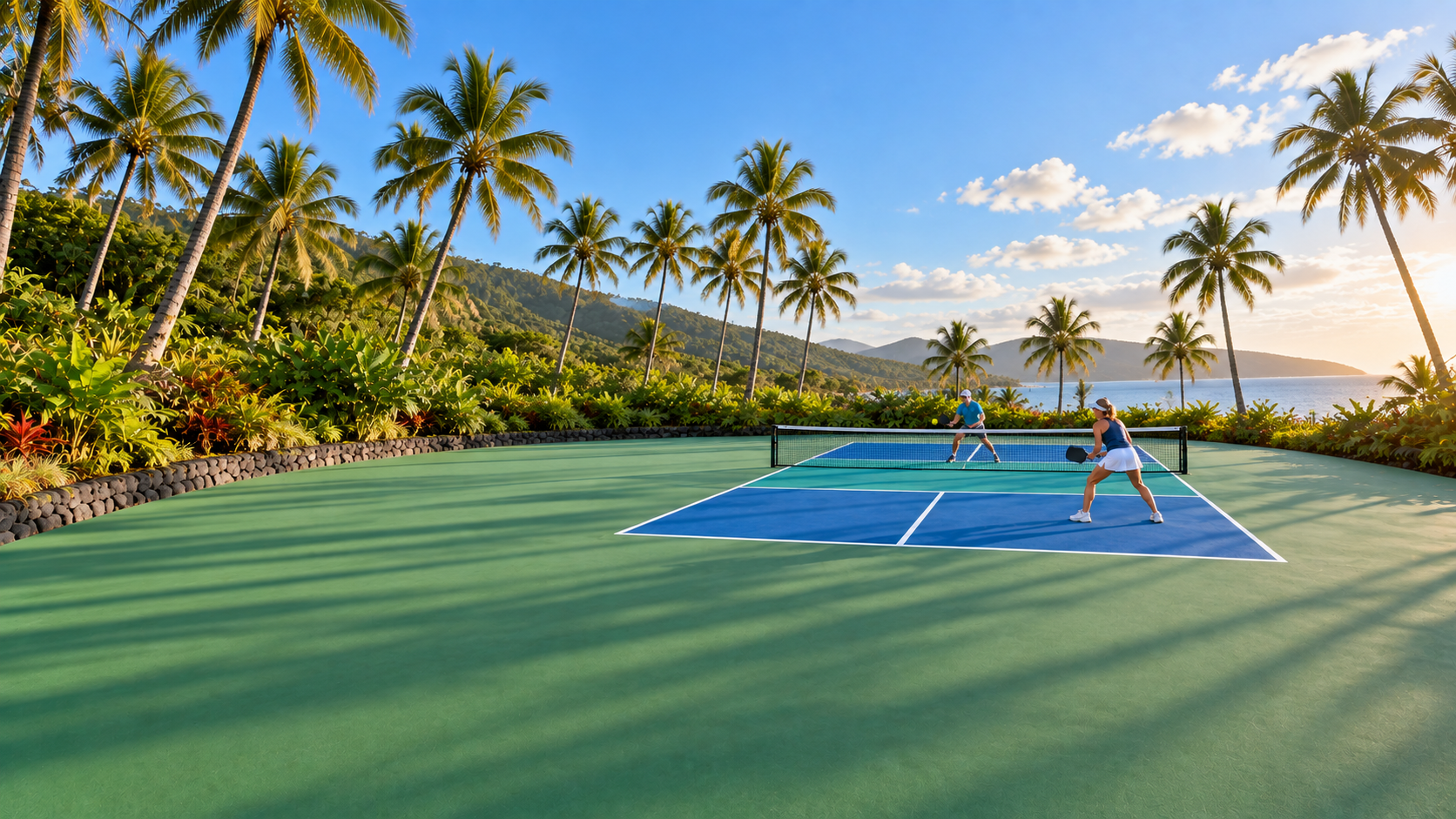 Escena ilustrativa de dos personas jugando pickleball entre palmeras y vegetación tropical